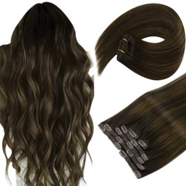 Sunny Clip in Hair Extensions Real Human Hair Brown Balayage Human Hair Clip in Extensions Dark Brown Ombre Medium Brown Hair Extensions Double Weft Clip in Hair Extensions 18inch 7Pcs 120G