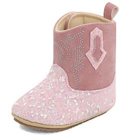 ESTAMICO Baby Girls Embroidery Western Cowgirl Boots Infant Sequin Leather Cowboy Booties Round Toe Ankle High Hook and Loop Shoes, Pink 12-18 Months