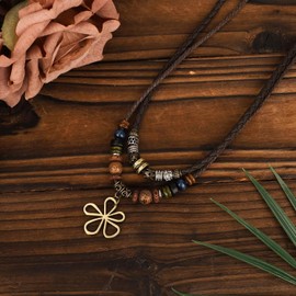Mikovivi Mehrlagige Halskette Holzperlen mit Hohlen Blumenohrringen, Hippie Boho Halskette Unisex Böhmischer Schmuck für Männer und Frauen