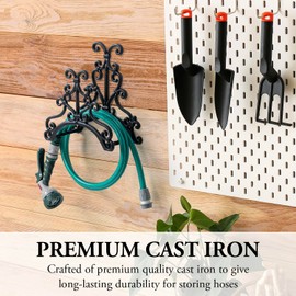MyGift Wall Mounted Garden Hose Holder, Vintage Baroque Scrollwork Cast Iron Watering Tube Rack, Decorative Floral Pattern Hanging Hook Water Hosepipe Reel