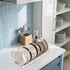 Toyosport Expandable Cookware Organizer Rack for Kitchen Cabinets, Adjustable Pot and Pan Storage, White HIPS and Stainless Steel, Includes 7 Adjustable Dividers for Pot Lid Storage