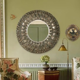 Fobule Large Round 28" Decorative Wall Mirrors, Ancient Bronze Distressed Hanging Circle Mirrors, Vintage Metal Frame Wall Decor for Bathroom, Living Room, Mantel,Entryway