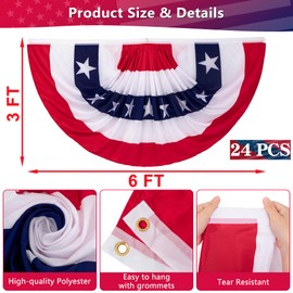 24 PCS Fourth of July Decorations, 3 × 6 FT American Flag Bunting, Large 4th of July Banner, Red White and Blue Pleated Fan Flag Bunting for Patriotic Independence Day Party Decorations Outdoor Decor
