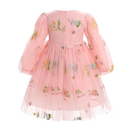 Puffy Long Sleeve Baby Flower Girl Wedding Dress Princess Ruffle Sheer Neck Floral Tulle Tutu Toddler Pageant Tea Party Fairy 3rd 4th 5Y Birthday Formal Spring Easter Clothes Pink 5-6 Years