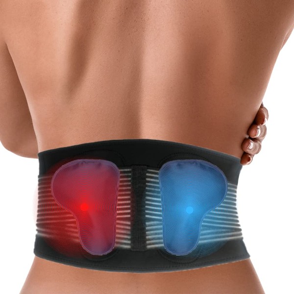 AllyFlex Sports Back Brace Plus Terapia de frío caliente para alivio rápido del dolor de espalda baja, cinturón de apoyo de espalda con almohadillas lumbares dobles y paquetes calientes/fríos (mediano)
