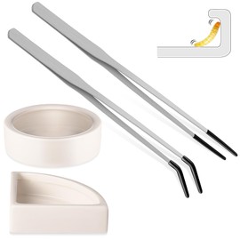 Ziliny 2 Pcs Reptile Feeding Tongs Stainless Steel Long Handle Tweezers Straight and Bent Rubber Tipped Tweezers with 2 Pcs Reptile Food Dish Bowl Terrarium Feeder Tools for Gecko Snake (10'', 10.5'')