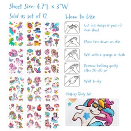 allydrew Waterproof Glitter Temporary Tattoos, Birthday Party Favors and Supplies, Goodie Bag Fillers, 12 Sheets Unicorns