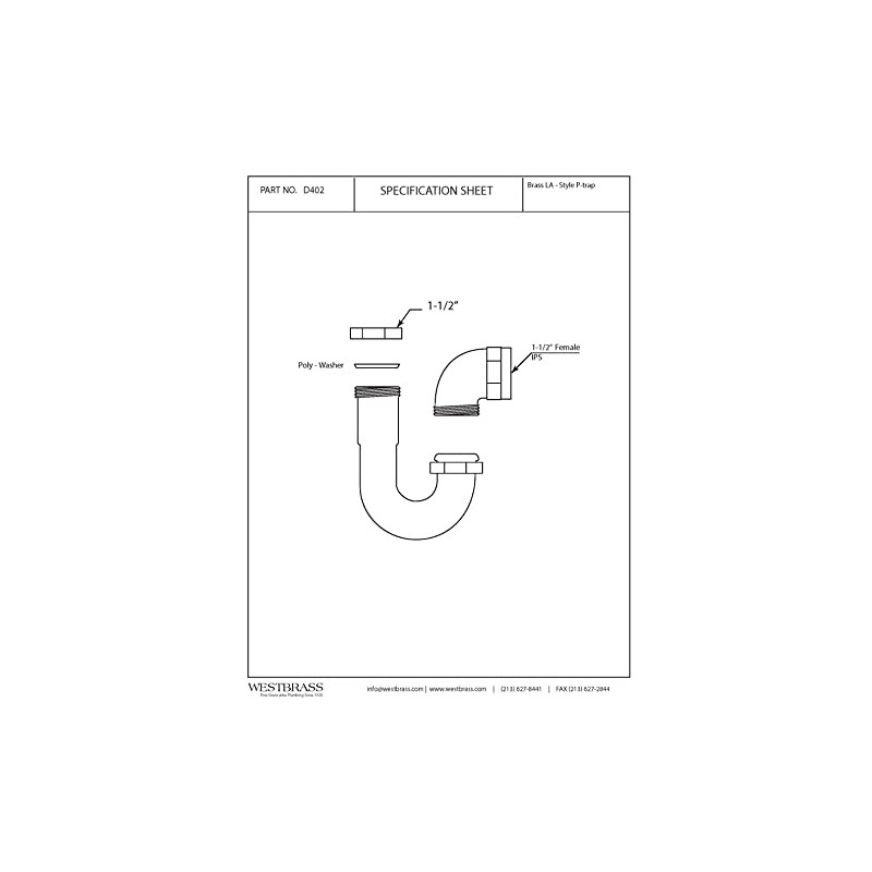 Westbrass D402LA-26 1-1/2" Brass LA Code P-Trap, Polished Chrome