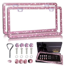 MAYEHAY Pink License Plate Frame 2 Packs Bling License Plate Frame for Women Pink Diamond License Plate Frame Pink Glitter Bedazzled License Plate Frame with Pink Tire Valve Caps with Giftbox