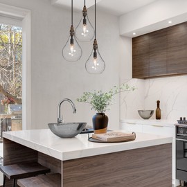 GEPOW Glass Pendant Lighting for Kitchen Island, Farmhouse Wood Hanging Light Fixture for Dining Room, Foyer, Bedroom