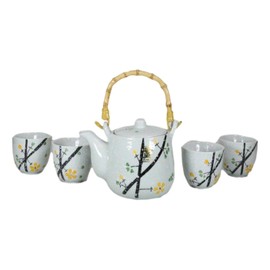 Ebros Gift Japanese Design Yellow Cherry Blossom Sakura Blossoms Ceramic Tea Pot With Bamboo Handle and Cups Set Serves 4 Home Decor Zen Fengshui Decorative Tea Sets Housewarming Gifts