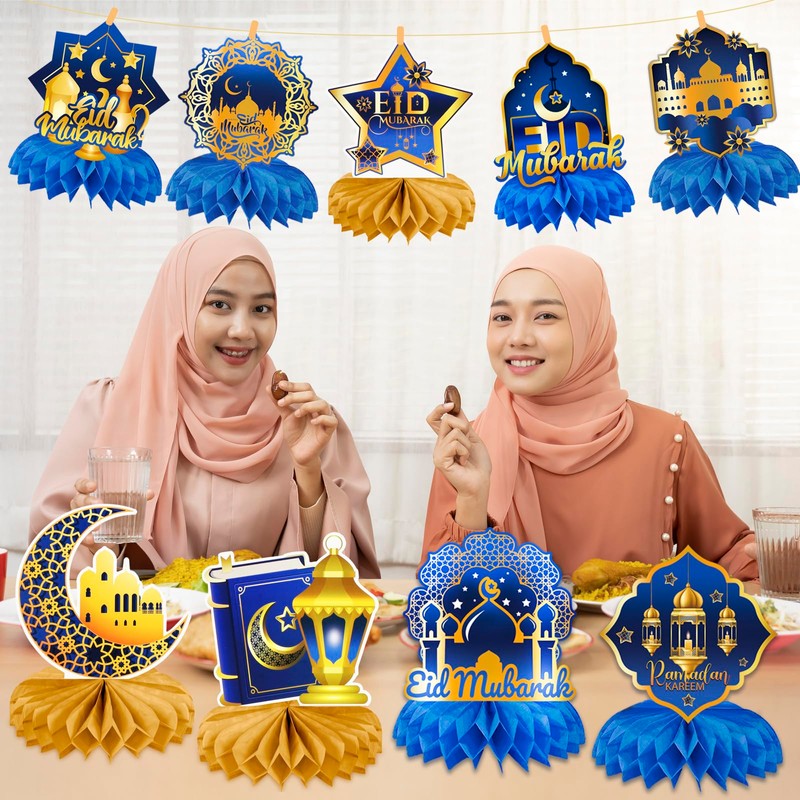 HOWAF 9pcs Eid Mubarak Decorations Eid Mubarak Honeycomb Centerpieces Eid
