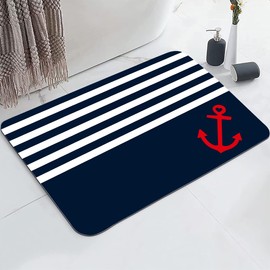 YISUMEI Nautical Stripe Anchor Bathroom Mat, Non-Slip Super Absorption Bath Carpet with Rubber Backing, Fit Under Bathroom Doormat Floor Rugs for Shower Buthtub Sink, 16"x24"