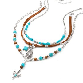 SUNNYOUTH Cowboy Cowgirl Hat Boot Pendant Necklace for Women Western Charm Necklace Layered Leather Boho Choker Necklaces (cactus layered)