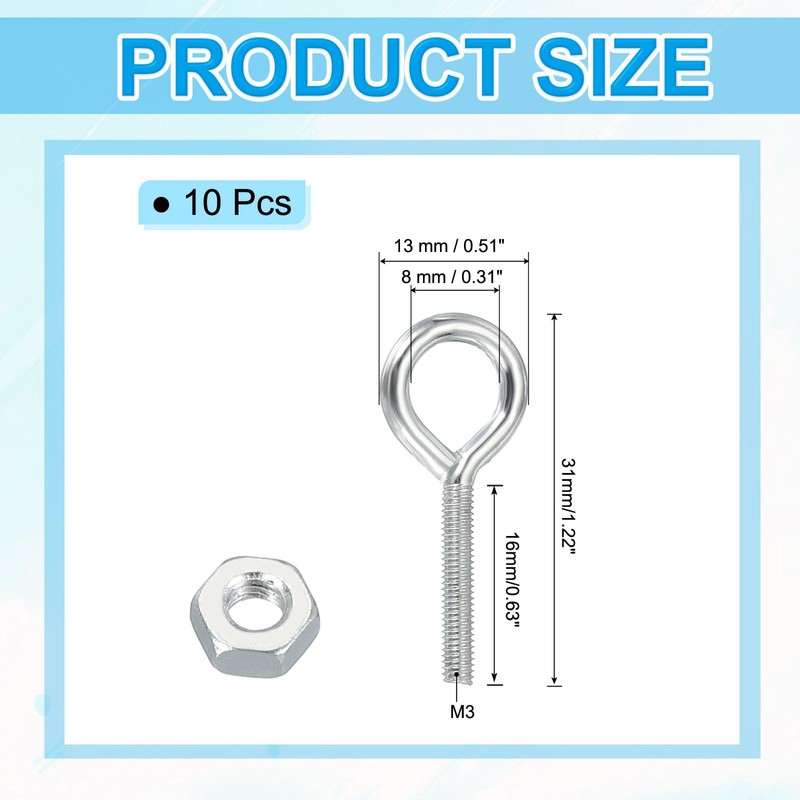 PATIKIL M3x16mm Eye Bolts, 10 Pcs Carbon Steel Threaded Eyebolt