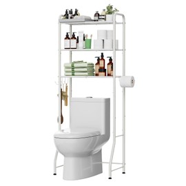 Simple Trending Over The Toilet Storage Rack, Metal 3 Tier Bathroom Organizer Shelf with Paper Holder and 3 Hooks, White | Simple Trending
