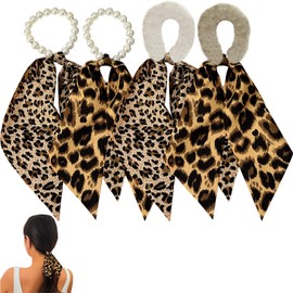 4Pcs Leopard Hair Scrunchies for Women, Elastic Ponytail Holder Knotted Hair Scrunchies Silk Hair Ties Long Tail Hair Ribbon Hair Bows for Women Girls