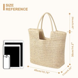 Long Keeper Women Beach Bag Large Weave Tote Bags Straw Zipped Shoulder Bag Boho Casual Summer Beach Bag Straw Bags for Travel Vacation Shopping Picnic (Beige)