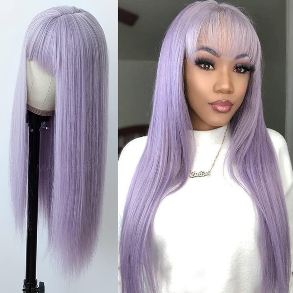 Maycaur Purple Color Synthetic Hair Wigs with Full Bangs Long Straight Women's Wig Heat Resistant Synthetic No Lace Wigs for Fashion Women 22 Inch
