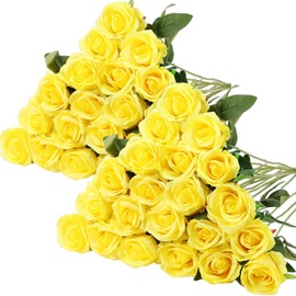Hotop 40 Pcs Rose Artificial Flowers Bulk with Long Stem, Bouquet Roses, Realistic Silk Fake Roses for Home Wedding Centerpieces Party Table Decoration Valentine's Day Gifts(Yellow)