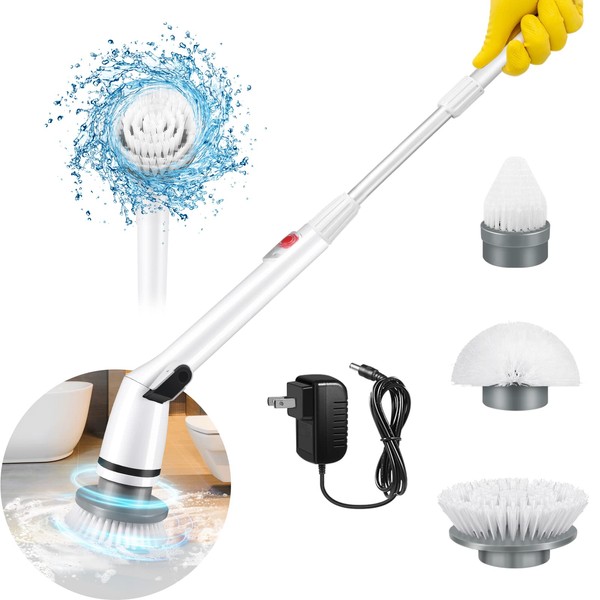 GOFOIT Electric Spin Scrubber, 360 Cordless Shower Floor Power Bathroom Scrubber with Adjustable Extension Arm and 3 Replaceable Brush Heads, Tub Tile for Wall Bathroom, Q3-white