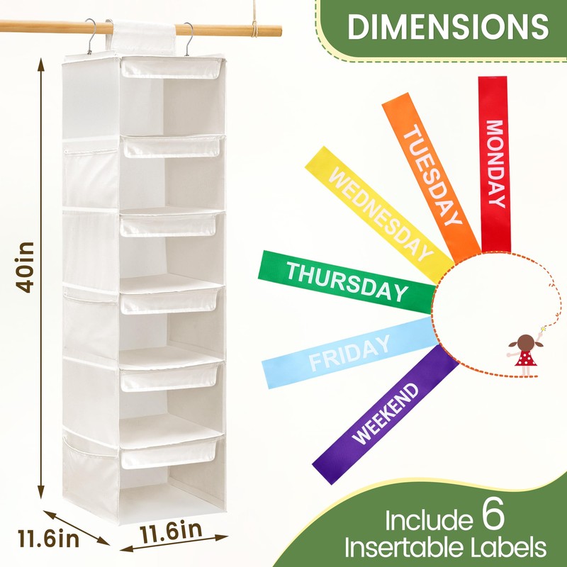 Fivebop 2 Pack 6-Shelf Weekly Clothes Organizer for Kids, Hanging