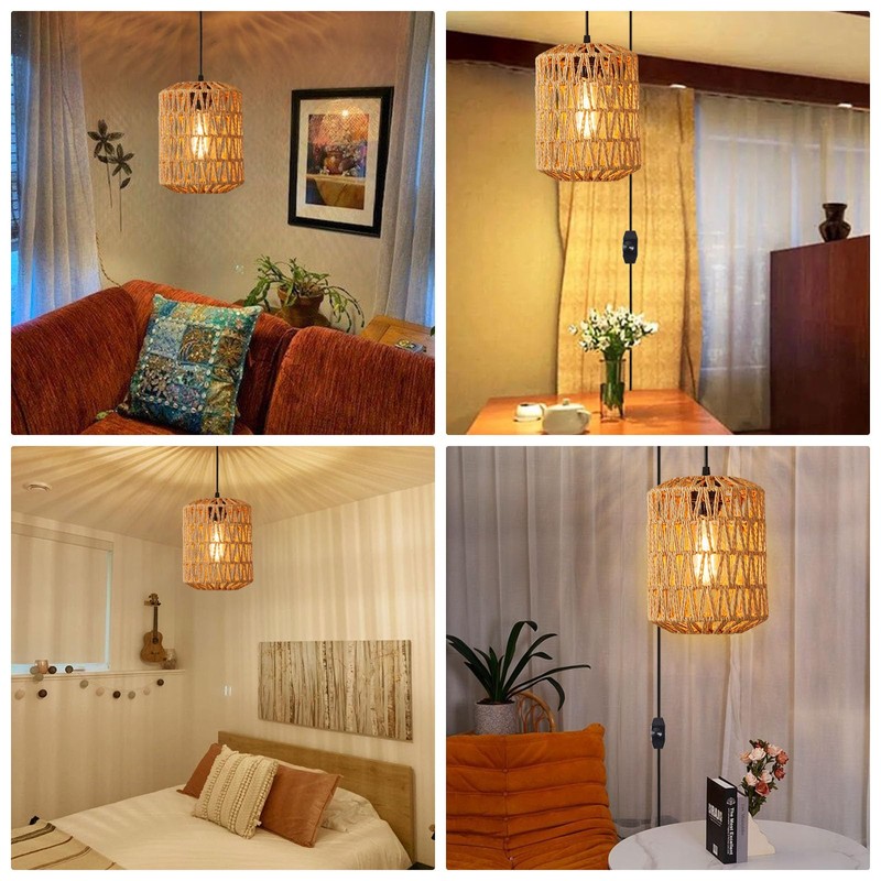YXTH Plug in Pendant Light, Rattan Hanging Lights with Plug
