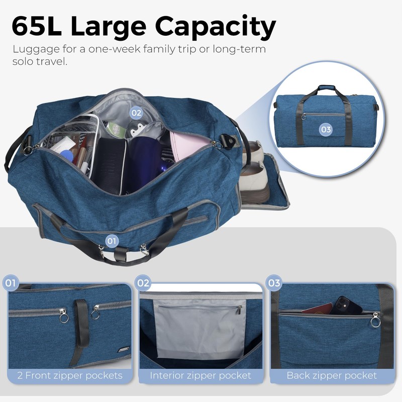 Fmeida Travel Duffel Bag 65L for Men Women Foldable Holdall