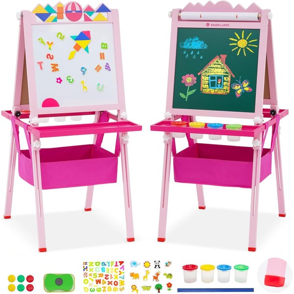 Kids Easel with Paper Roll Double-Sided Whiteboard & Chalkboard Height Adjustable Standing Easel Wooden Art Easel with Puzzle Tangram Toys and Other Accessories Gift for Kids and Toddlers