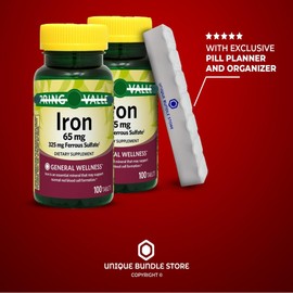 Iron 65 mg, 100 Tablets - Ferrous Sulfate 325mg, General Wellness Dietary Supplement + 7 Day Pill Organizer Included (Pack of 2)