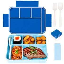 AONAT Lunchbox für Kinder,Brotdose Kinder mit Fächern, Bento Box mit 5 Fächern Besteckset, auslaufsichere Lunchbox für Kindergarten, Schule, Picknick, Ausflüge （1330ml,Blau）