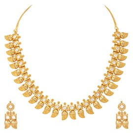 Aheli Temple Jewellery Indian Laxmi Goddess Wedding Wear Faux Stone Studded Floral Design Crafted Necklace Earrings Set Ethnic Fashion Jewelry Gift for Women White Stone Leaf Layer