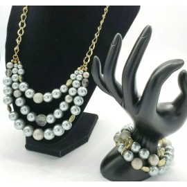 Silver Tone Textured Beaded Necklace Stretch Bracelet Set Gold Tone Chain