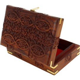 GURU JEE Hand Carved Wooden Decorative Floral Carvings Multipurpose Storage Organiser Keepsake Jewellery Box 20x12.5x6.5 CM