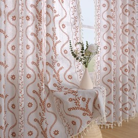 Boho Curtains 84 Inch Length Farmhouse Curtains for Living Room 2 Panels, Linen Semi Sheer Vintage Farmhouse Floral Curtain Rustic Curtain Drapes