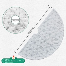 Climafusion Christmas Tree Skirt, 90cm Large White Christmas Tree Skirt Decorations with Silver Snowflake, Xmas Faux Fur Tree Skirt, Christmas Decorations for Holiday Tree Ornaments, L White-Silver