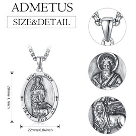 ADMETUS St Mark Medal Sterling Silver Saint Mark Lion Necklace Oval Saint Mark Medal Protection Jewelry Religious Gifts