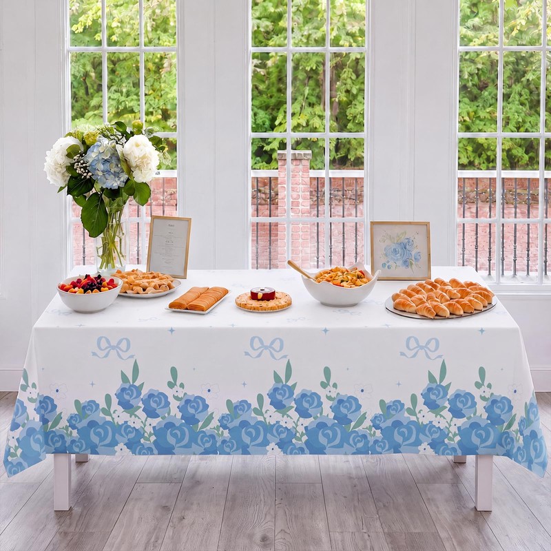3 Pack Blue Floral Disposable Plastic Tablecloths, 54 x 108