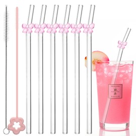 6 Pcs Reusable Glass Straws with 2 Cleaning Brushes, Cute Pink Bow Glass Straws Shatter Resistant Clear Drinking Straw with Charms Coquette Birthday Decorations Bachelorette Bow Party Decor