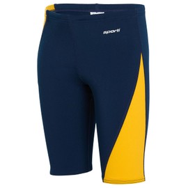 Sporti Boys Swim Jammer Swimsuit – HydroLast Splice Athletic Swimming Shorts, Chlorine-Resistant 4-Way Stretch, UPF 50+, Drawstring, Youth Competitive Team Suit - Navy/Gold - 22