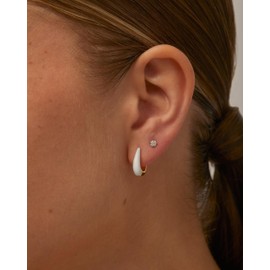 PAVOI 14K Gold Plated Sterling Silver Posts Enamel Earrings for Women | Colored Enamel Cubic Zirconia Huggie Hoop Earrings | Blue Pink Purple White Enamel Jewelry, White Gold - White Enamel, Cubic