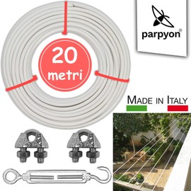 parpyon® Outdoor Washing Line 20 m x 4.5 mm Heavy Duty Outdoor Clothes Line Made in Italy Coated Steel Cable (Wire+Kit, 20 m)