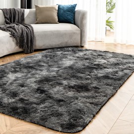 OMERAI Rug Living Room Deep-Pile Shaggy Rug Non-Slip Rug Children's Room Bedroom Tie-Dye Carpet (Dark Grey, 90 x 150 cm)