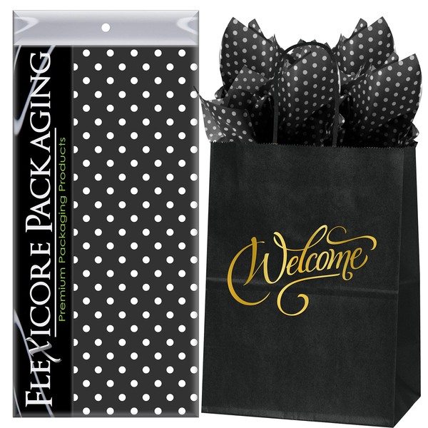Flexicore Packaging Black Kraft Paper Welcome Bags & Black Gift Wrap Tissue Paper | Size: 8 Inch X 4.75 Inch X 10.5 Inch | Count: 50 Bags | Color: Black Polka Dot