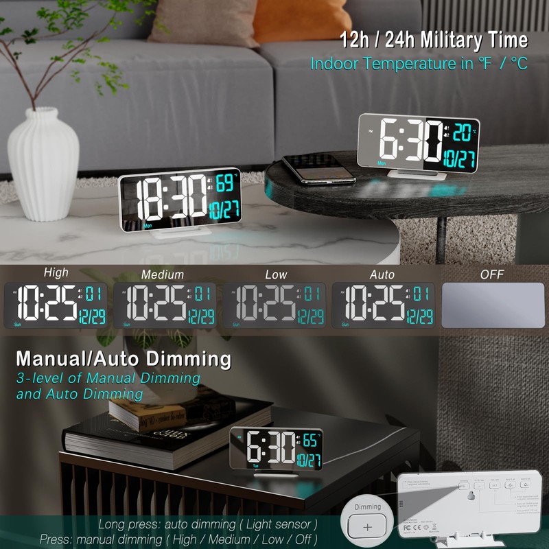 KOSUMOSU Digital LED Clocks for Bedrooms 6.7in White Alarm Clock,
