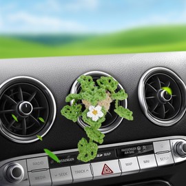 Crocheted Botanical Car Ventilation Clip Decoration, Artificial Plant Car Air Freshener, Cute Car Accessories, Interior Car Decorations, Air Conditioning Vertical Clip (White Flower)