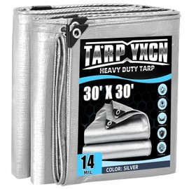 Heavy Duty Tarp 30x30 Feet, 14 Mil Waterproof Poly Tarps Cover UV Resistant, Rip & Tear Proof with Metal Grommets Every 20 Inches Silver Tarp by TA*RP YXCN
