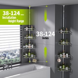 LAMU Corner Shower Caddy Tension Pole, Stainless Steel Shower Organizer, Strong Spring, 4 Adhesive Pads, 2.4" Non-Slip Grid Base, Adjustable 4-Tier Basket, 4 Hooks, Fits Heights 37.8-124", Silver