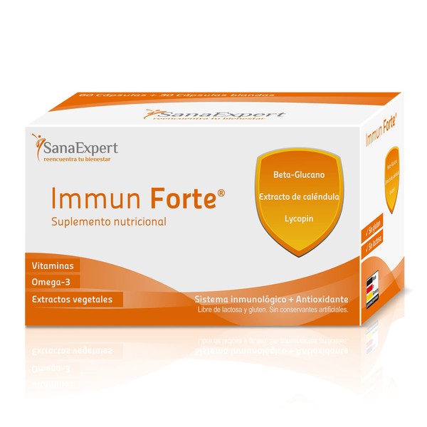 SanaExpert Immune Forte, Vitamins and Minerals for the Immune System, Omega-3 Fatty Acids, Beta Glucan, Marigold Extract, Lycopin and Lutein, 1 Month Pack of 90 Capsules (69 g) 4260423960084 1 90
