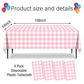CXSAZRY 4 Packs Pink Gingham Tablecloth Pink and White Checkered Tablecloths 54 x 108 Inches Disposable Plastic Gingham Tablecovers for Parties, Wedding, Outdoor Picnic, Birthday, Camping